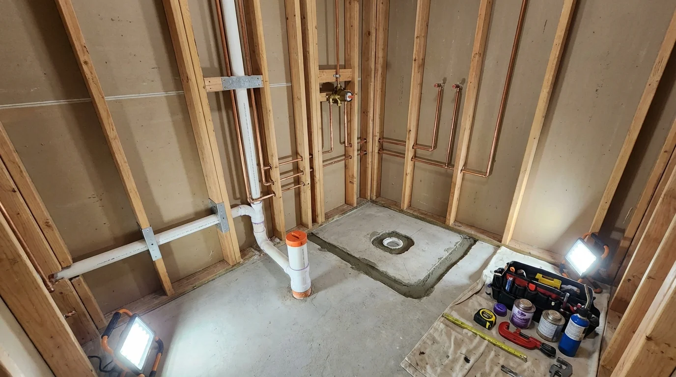Bathroom rough-in plumbing during remodel by Johns Plumbing LLC in Saucier