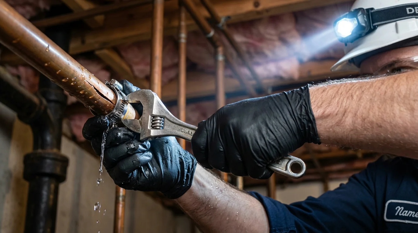 Emergency pipe clamp repair being performed by a Johns Plumbing LLC plumber in Saucier