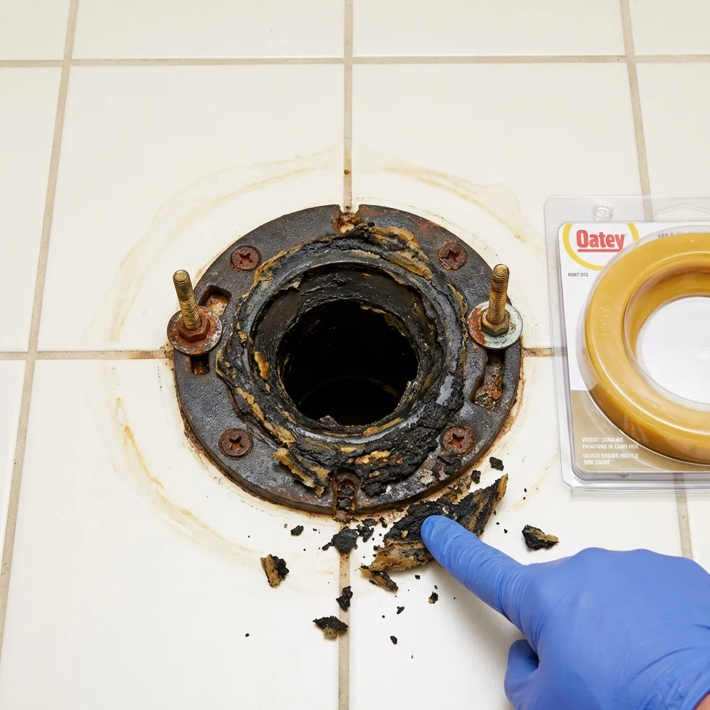 Failed wax ring showing water seepage at the base of a toilet in a Saucier, MS home
