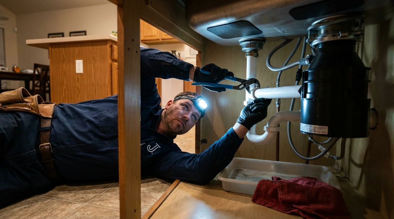 P-trap and supply line connections under a kitchen sink showing a common leak point in Saucier, MS